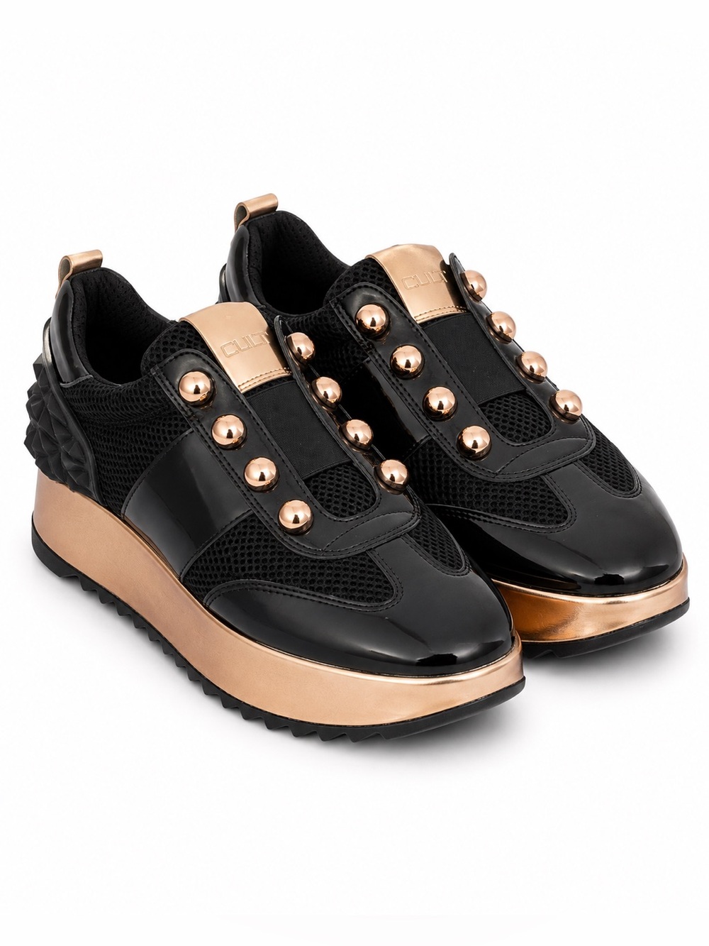 CULT Italian Black Rose Gold Studded Platform Sneakers Nearly New